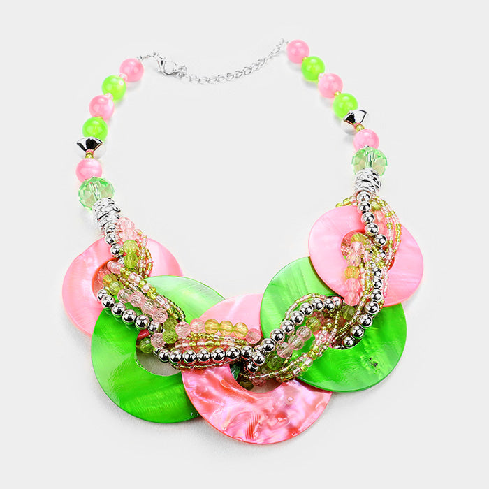 Pierced silver, pink, green bead round shell necklace and earring set