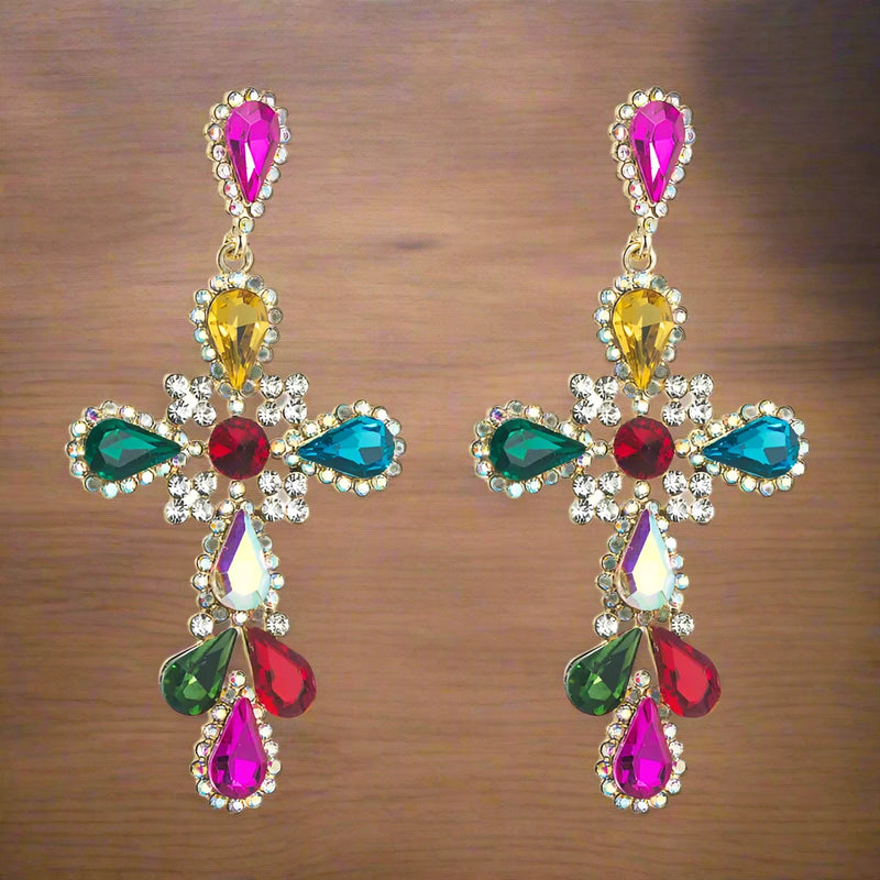 Pierced 3 3/4" long gold and multi colored stone cross dangle earrings