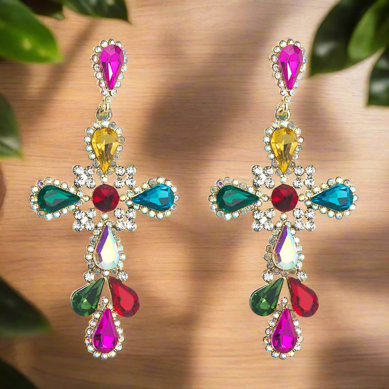 Pierced 3 3/4" long gold and multi colored stone cross dangle earrings