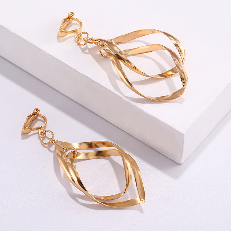 Clip on 2 1/4" shiny gold double twisted dangle small clasp earrings