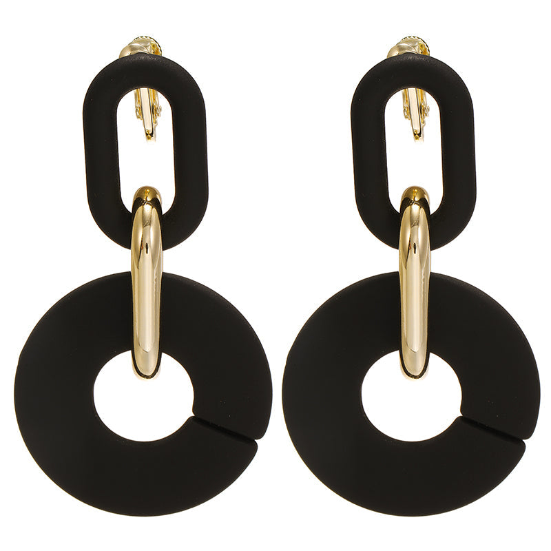 Clip on 2 1/3" Vintage gold and black dangle circle earrings