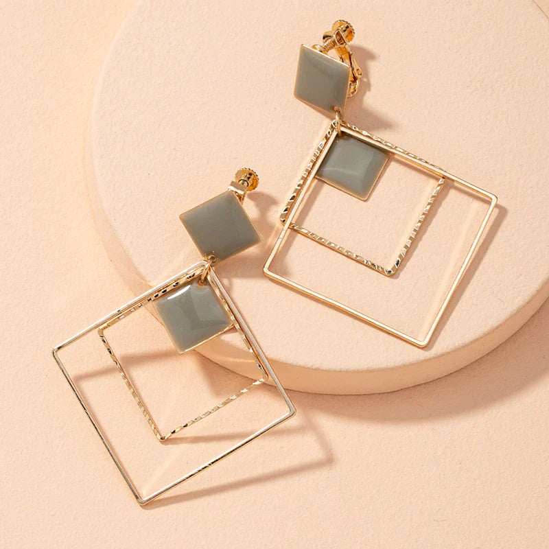 Clip on 2 3/4" gold and gray double square dangle earrings