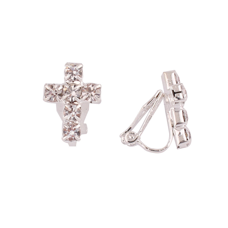 Clip on 1/2" small silver and clear stone button style cross earrings