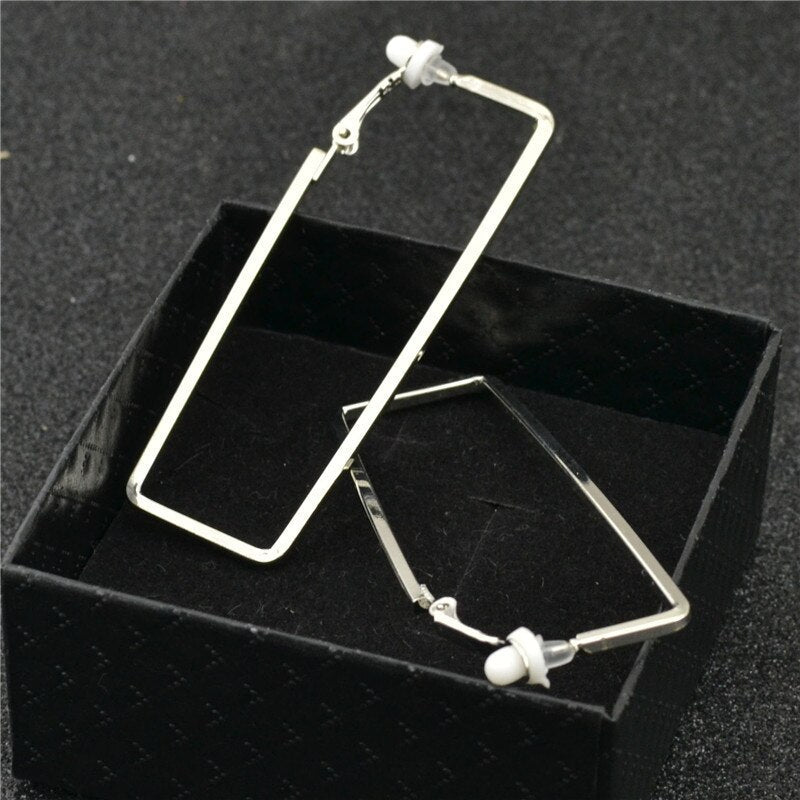 Clip on 3" long silver square earrings