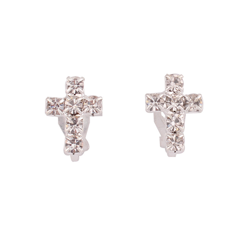 Clip on 1/2" small silver and clear stone button style cross earrings