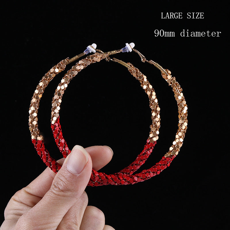 Clip on 4" XXLarge gold and red textured hoop earrings
