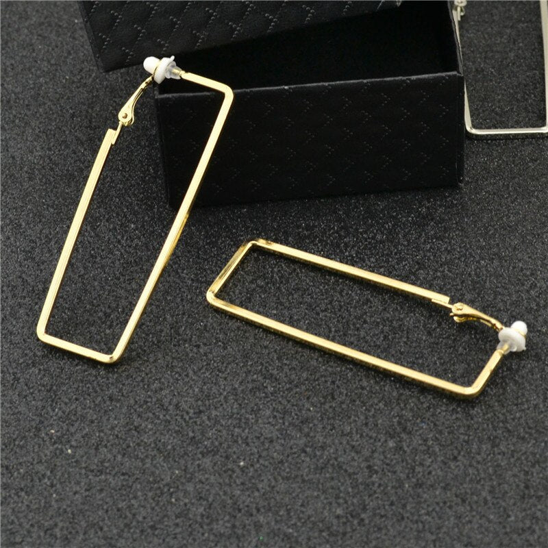 Unique clip on 3" gold long square earrings