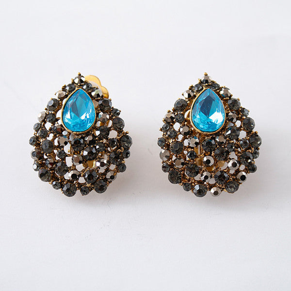 Clip on 1 1/4" gold, black and turquoise stone button style earrings