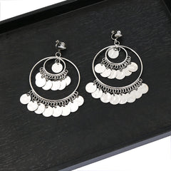 Clip on antique silver chain flower design hoop pendant necklace and earring set