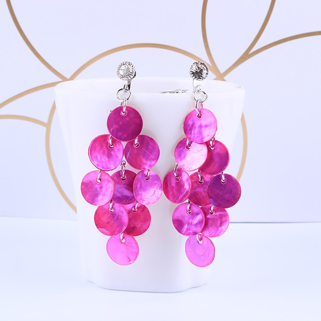 Clip on 2 3/4" silver and round layered pink shell earrings with clear stone