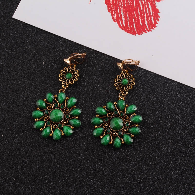 Clip on 2 3/4" gold and green stone dangle flower earrings
