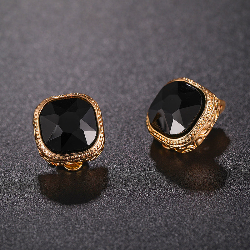 Clip on 1/2" small gold and black square stone button style earrings