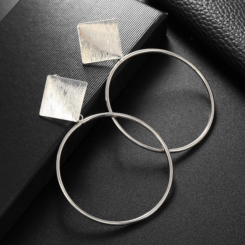 Clip on 3" silver textured square top dangle hoop earrings