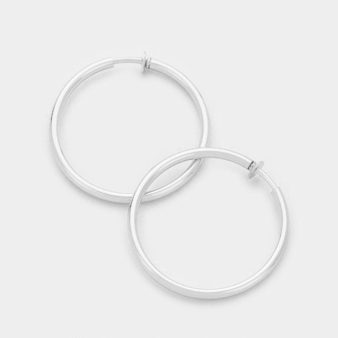 Clip on 2 1/2" shiny silver spring back hoops