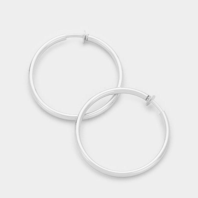 Clip on 2 1/2" shiny silver spring back hoops