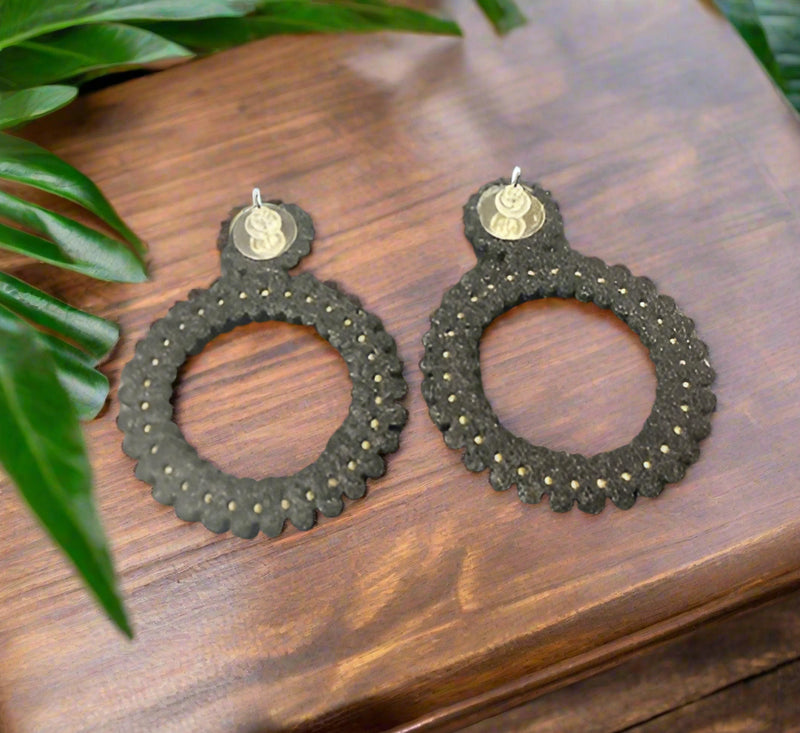 Pierced 1 3/4" silver, black felt, and blue stone dangle hoop earrings
