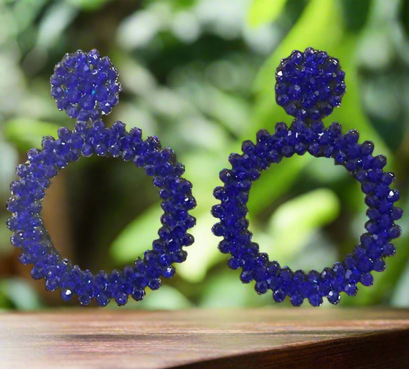 Pierced 1 3/4" silver, black felt, and blue stone dangle hoop earrings