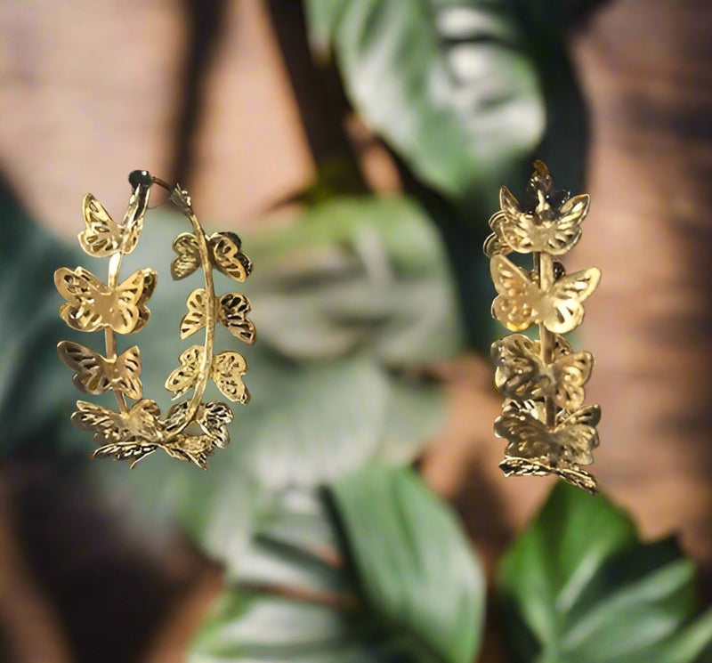 Pierced 2" gold layered cutout butterfly hoop earrings