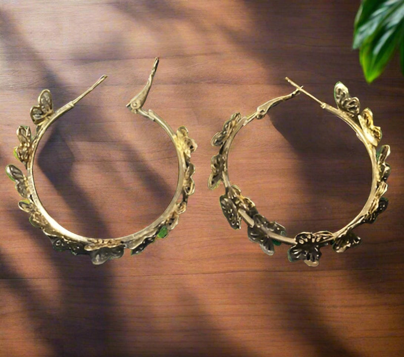 Pierced 2" gold layered cutout butterfly hoop earrings