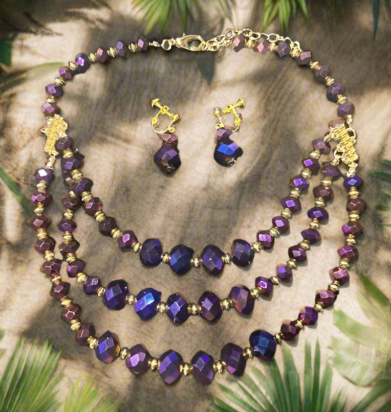 Clip on gold and pink multi colored five strand pearl beaded necklace set