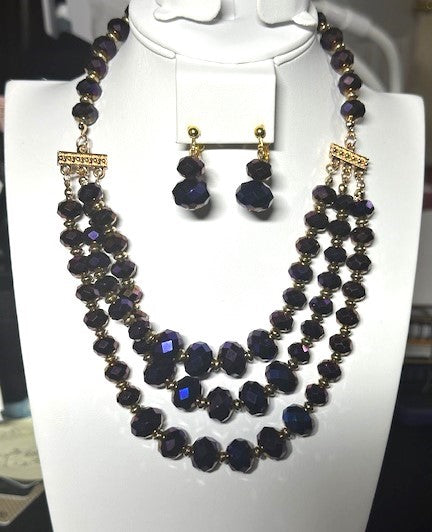 Clip on gold and purple multi colored bead necklace and earring set