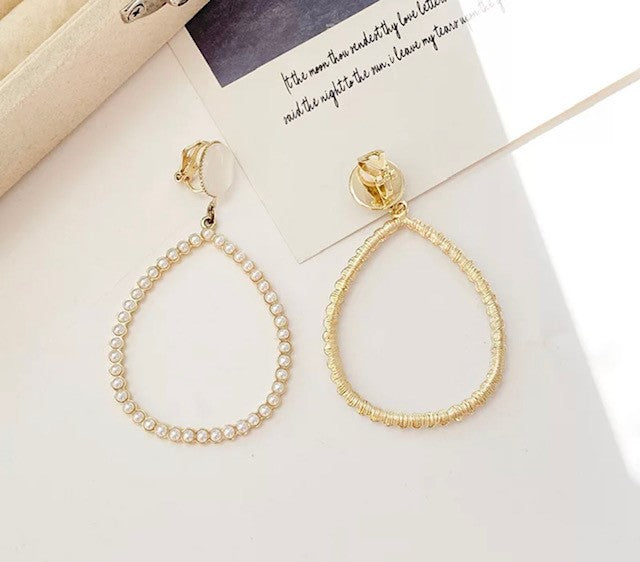 Clip on 3" gold and white stone and pearl dangle hoop earrings