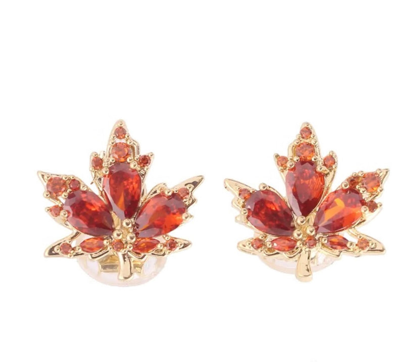 Clip on 1/2" small gold and orange-brown stone leaf button style earrings