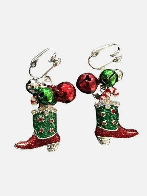Clip on or Pierced 2" silver multi colored western Christmas boot earrings