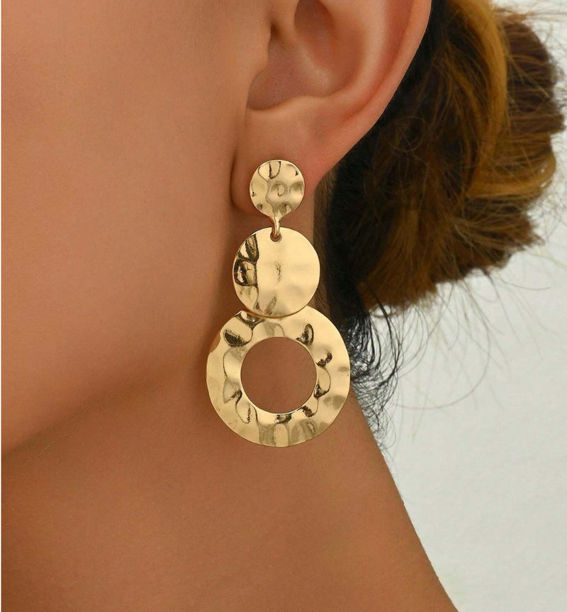 Clip on 2 1/4" shiny silver hammered hoop dangle earrings