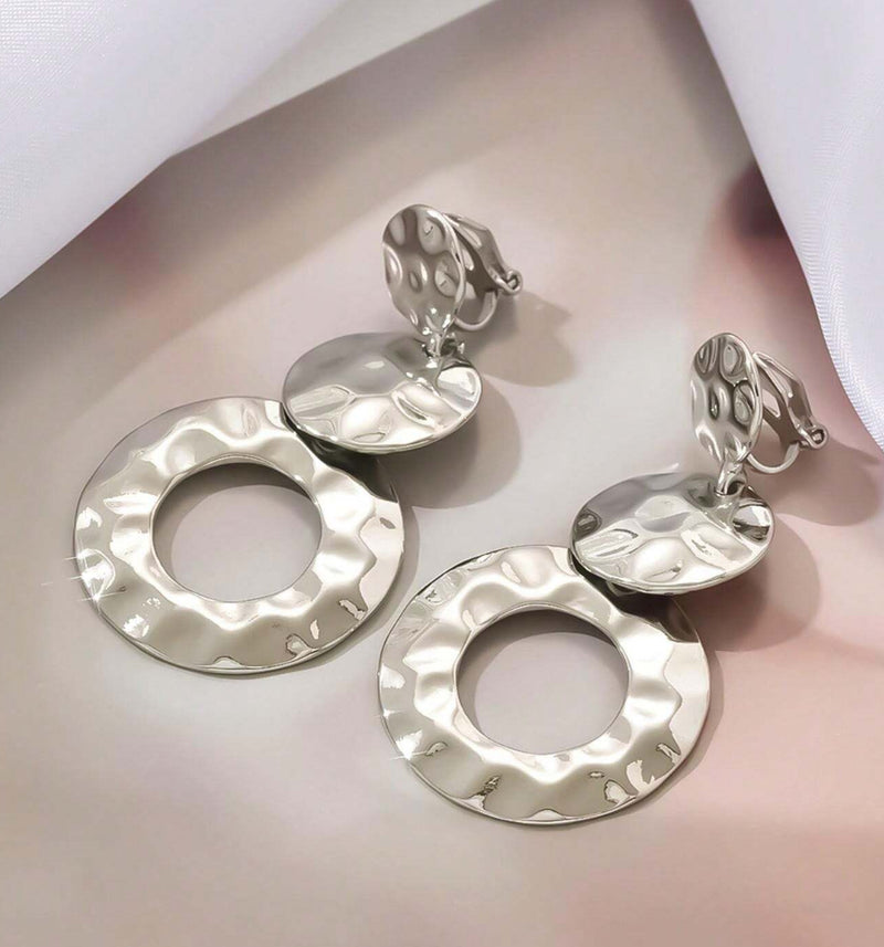 Clip on 2 1/4" shiny silver hammered hoop dangle earrings