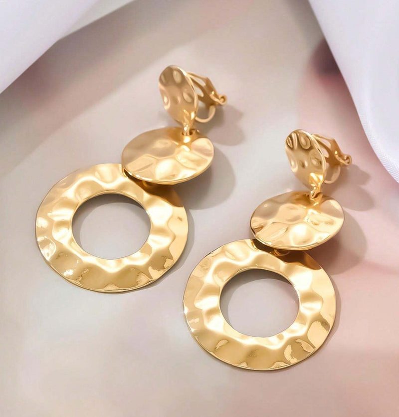 Clip on 2 1/4" shiny gold hammered hoop dangle earrings