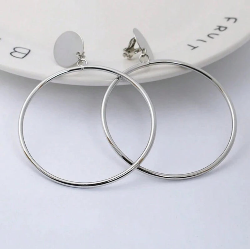 Trendy 2 3/4" clip on lightweight silver flat top dangle hoop earrings