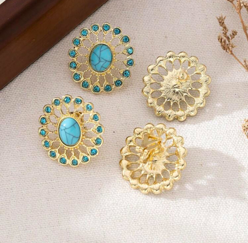 Clip on 1" gold and turquoise stone cutout button style earrings