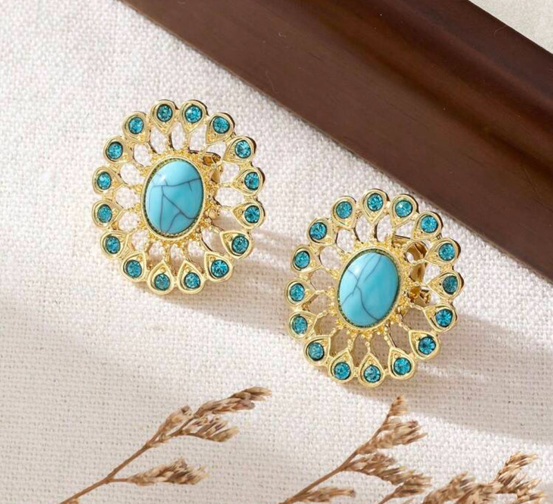Clip on 1" gold and turquoise stone cutout button style earrings