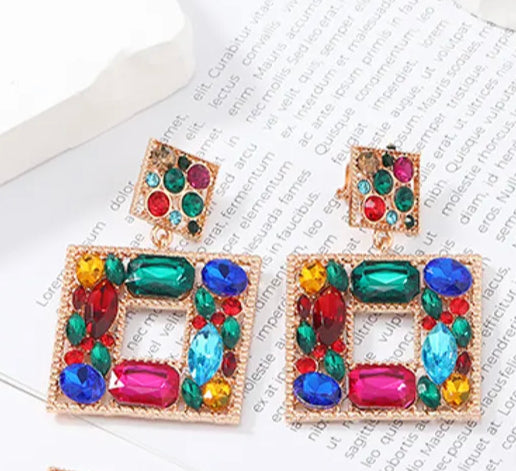 Clip on 2 1/2" gold multi colored stone dangle double square earrings