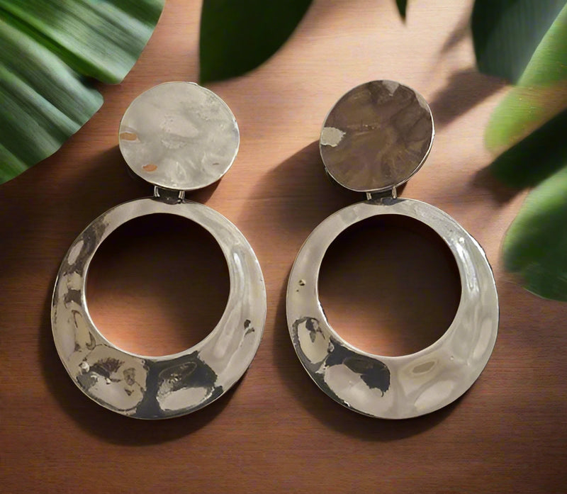 Clip on 2 1/2" round gold top earrings with dangle turquoise woven hoop