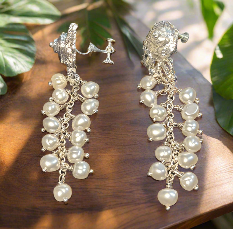 Clip on 3" long silver shell dangle layered white pearl chain earrings