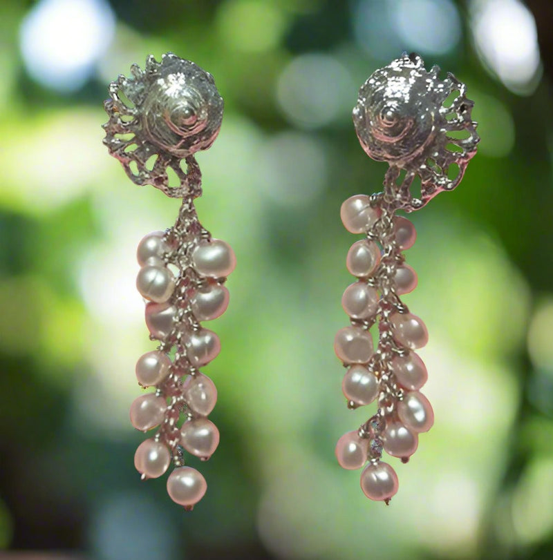 Clip on 3" long silver shell dangle layered white pearl chain earrings