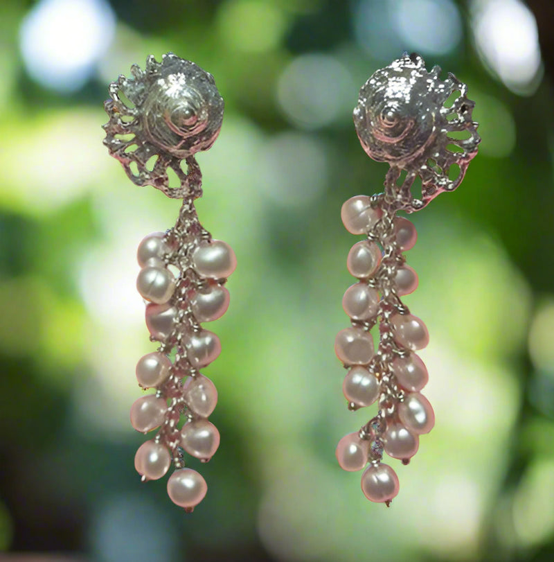 Clip on 3" long silver shell dangle layered white pearl chain earrings