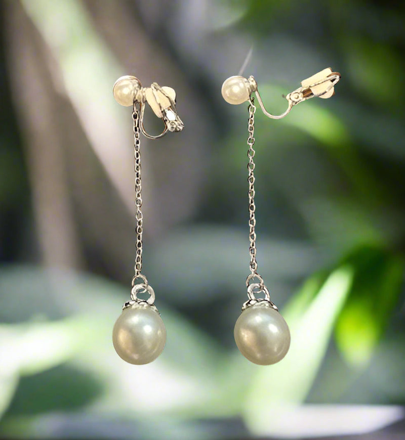Clip on 2 1/4" silver chain dangle pearl earrings