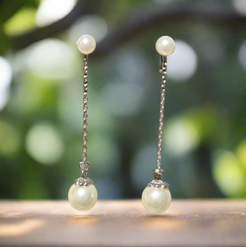 Clip on 2 1/4" silver chain dangle pearl earrings