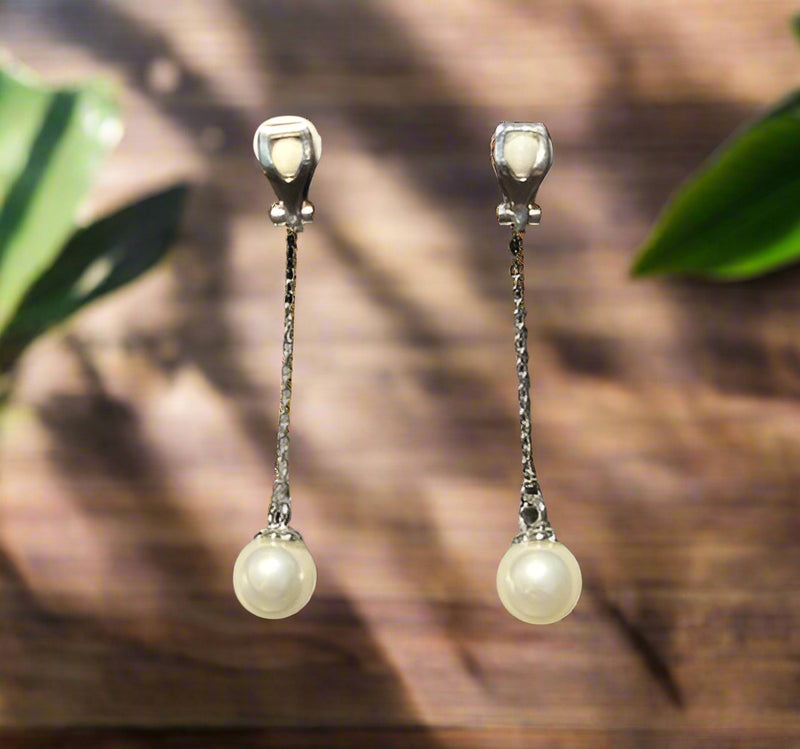 Clip on 2 1/4" silver chain dangle pearl earrings