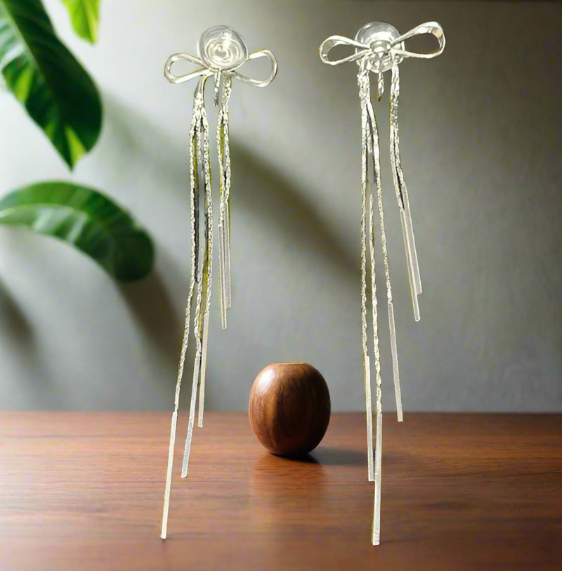 Clip on 3 3/4" xlong spring back silver bow dangle chain earrings