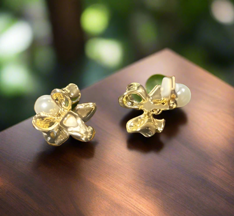 Clip on 1.25" gold bow earrings with white dangle pearl