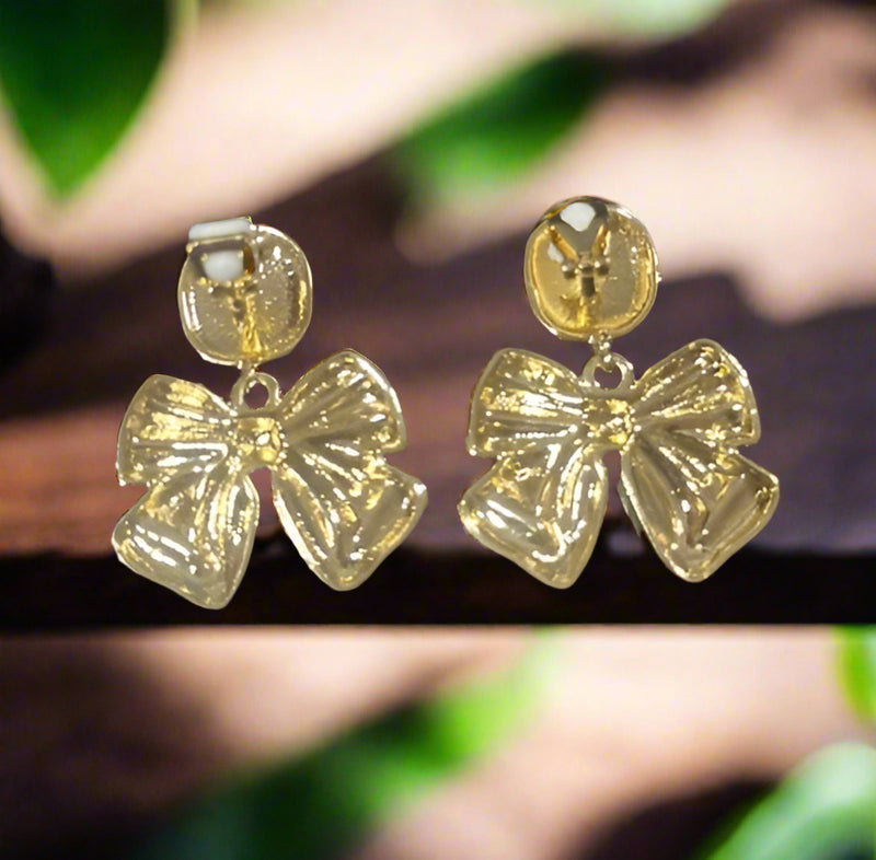 Clip on 1 3/4" large gold dangle hammered bow earrings