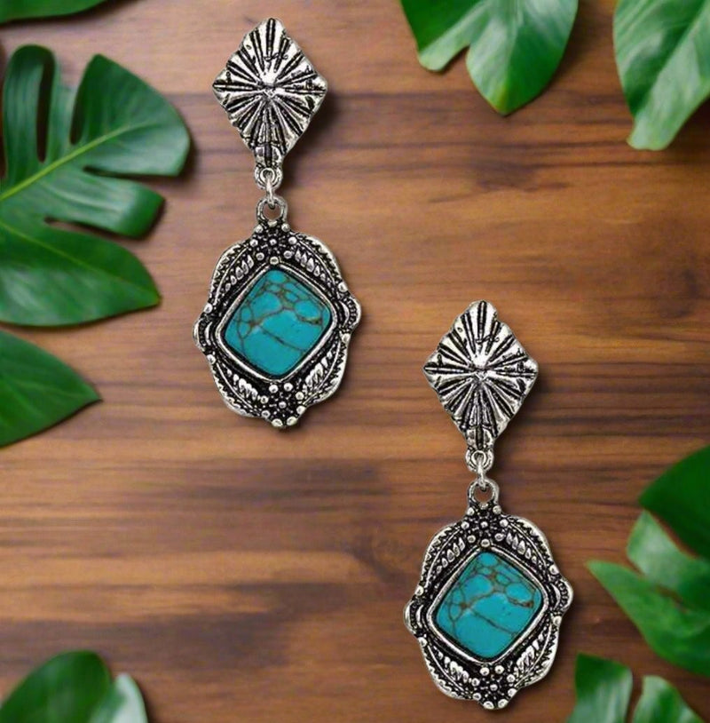 Clip on 2" western silver and tilted turquoise stone earrings