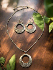 Clip on antique silver chain flower design hoop pendant necklace and earring set