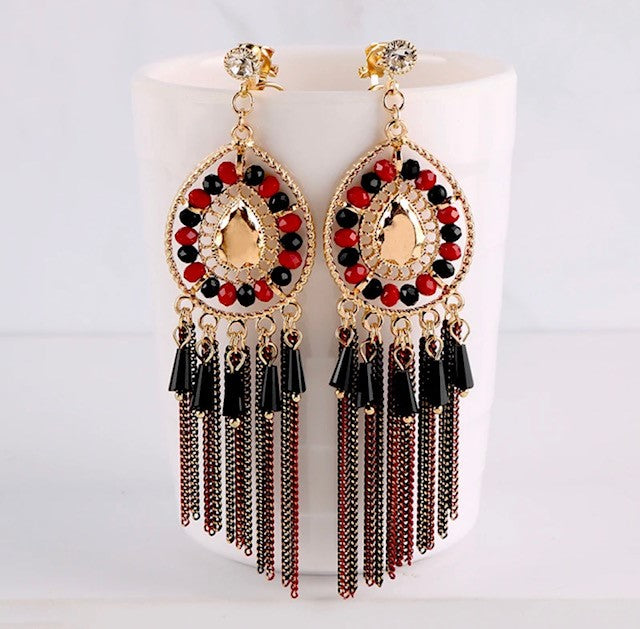 Clip on 3 3/4" Xlong gold, red and black bead chain earrings