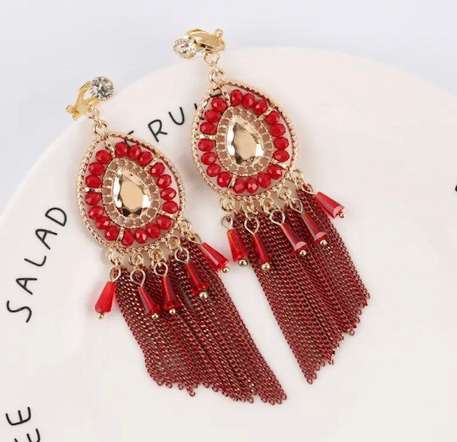 Clip on Xlong gold and red bead chain dangle earrings