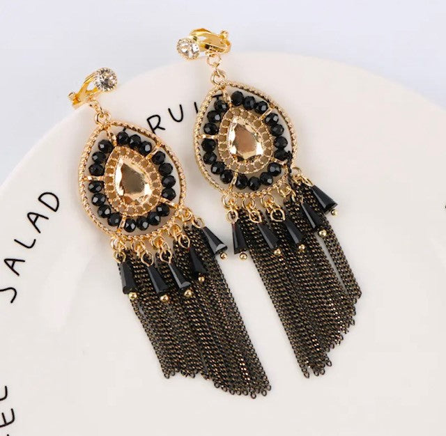 Clip on 3 3/4" Xlong gold and black bead chain dangle earrings